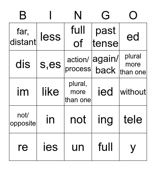 Prefix-Suffix Bingo Card