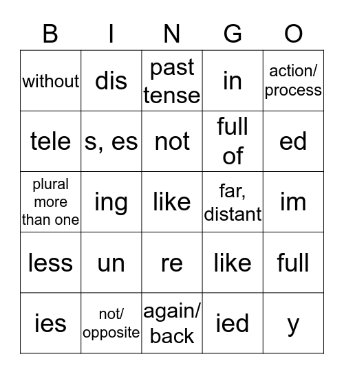Prefix-Suffix Bingo Card