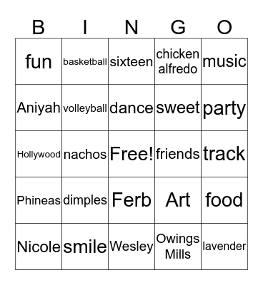 Aniyah's Sweet 16 Bingo Card