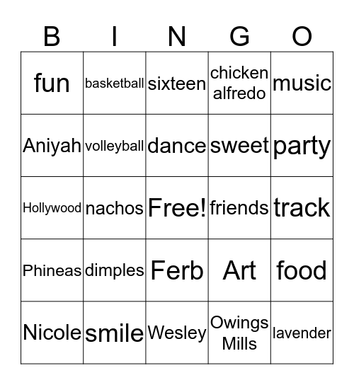 Aniyah's Sweet 16 Bingo Card