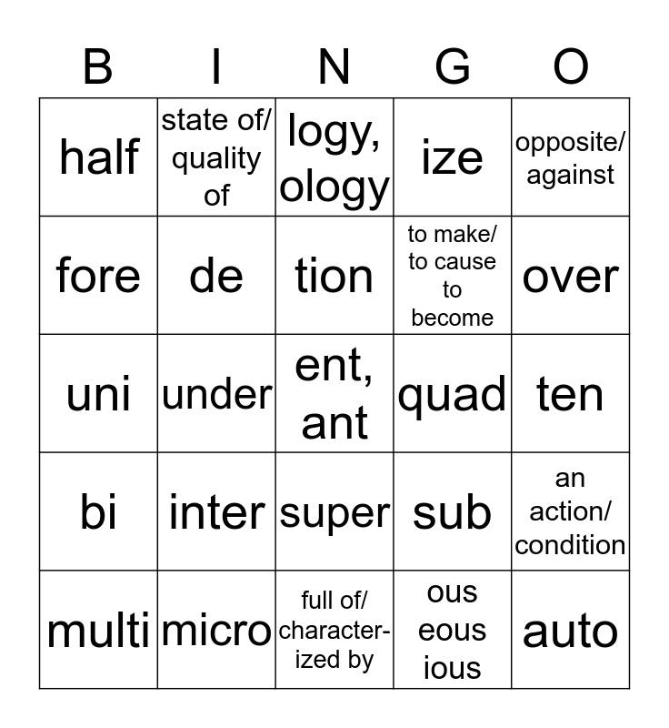 Prefix-Suffix Bingo (2) Bingo Card