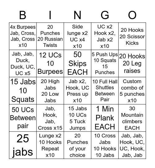 Boxercise Bingo  Bingo Card