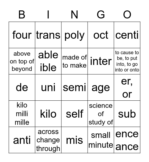 Prefix-Suffix Bingo (2) Bingo Card