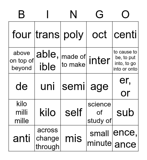 Prefix-Suffix Bingo (2) Bingo Card