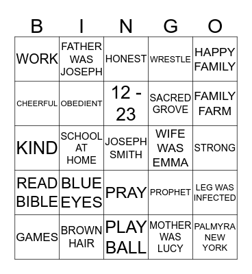 Joseph Smith Bingo Card
