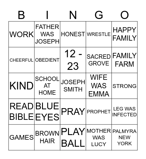 Joseph Smith Bingo Card