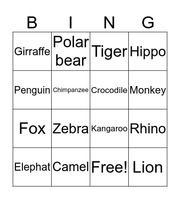 Animal Bingo Card