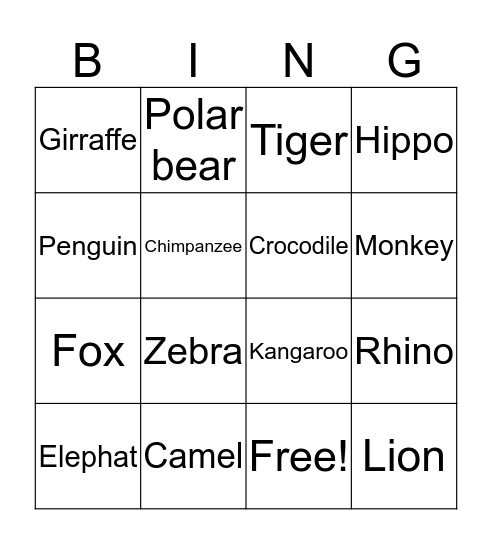 Animal Bingo Card