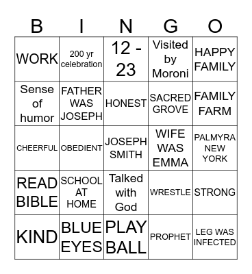 Joseph Smith Bingo Card