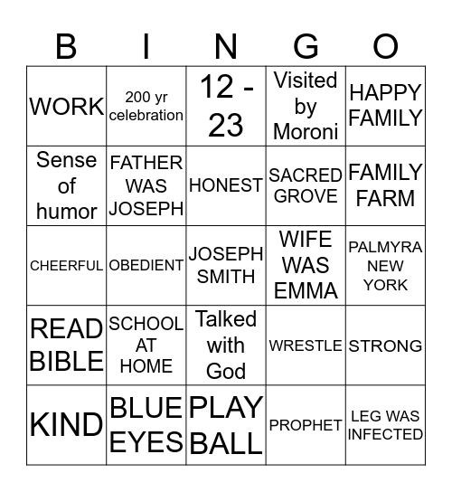 Joseph Smith Bingo Card