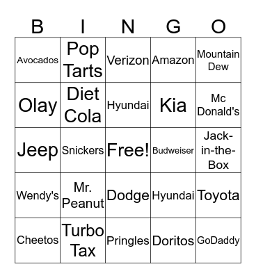 SUPER BOWL COMMERCIALS Bingo Card