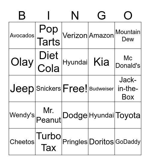 SUPER BOWL COMMERCIALS Bingo Card