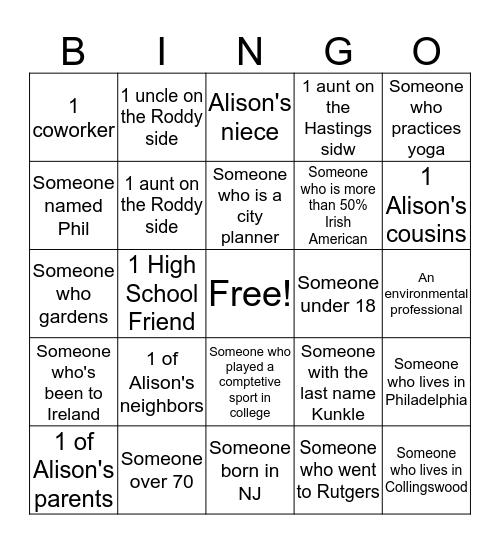 Get to know Alison's party guests Bingo Card