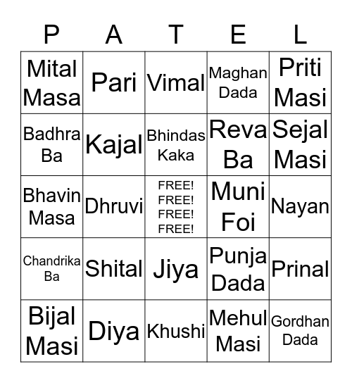 Patel Original Bingo Card