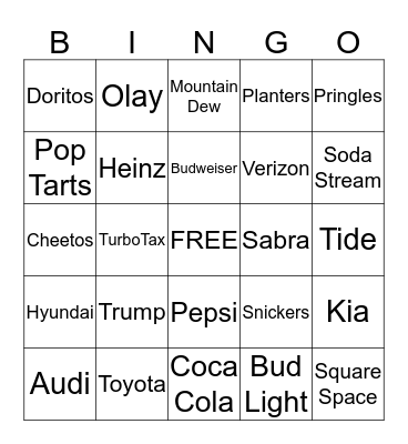 Super Bowl Commercial Bingo Card