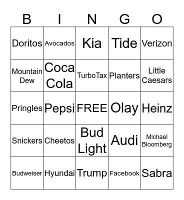 Super Bowl Commercial Bingo Card