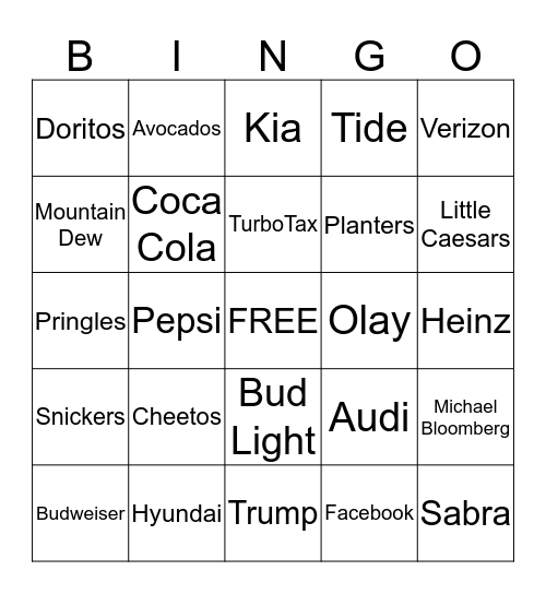 Super Bowl Commercial Bingo Card