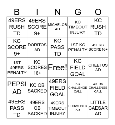 SUPER BOWL 54 Bingo Card