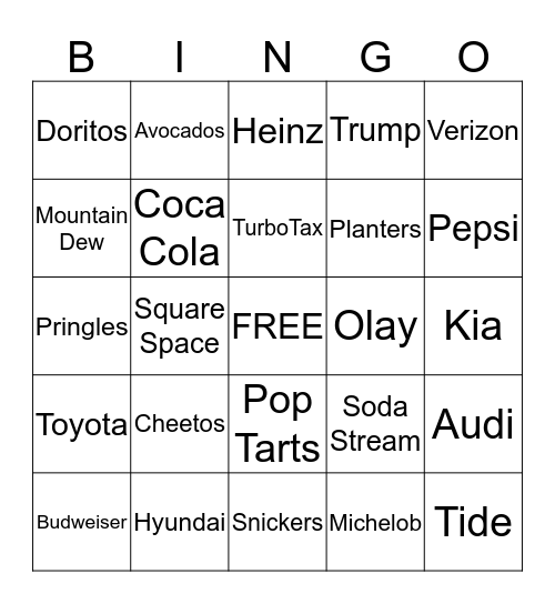 Super Bowl Commercial Bingo Card