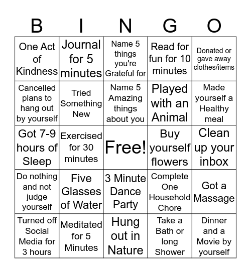 Michelle's Self Care Bingo Card Bingo Card