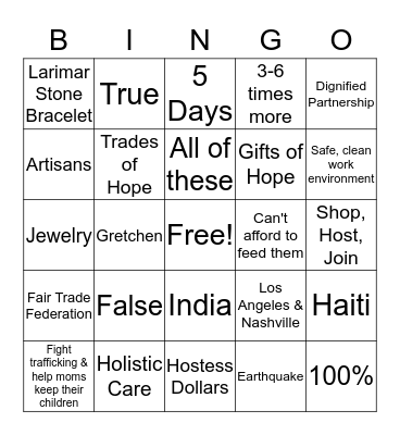 Trades of Hope Bingo! Bingo Card