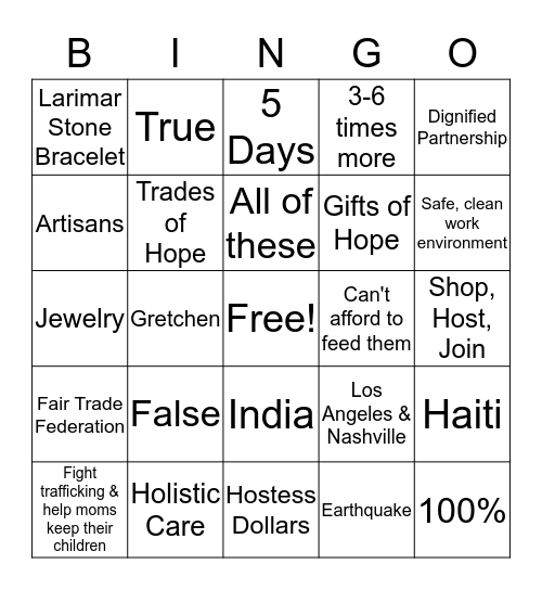 Trades of Hope Bingo! Bingo Card
