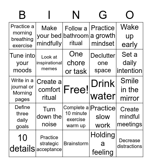 Mindfulness Bingo Card