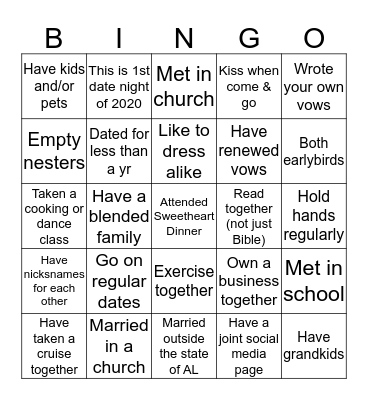 "Let Me Call You Sweetheart" Bingo Card