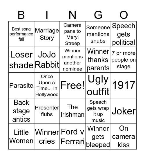 Oscar Night 2020 Bingo Card