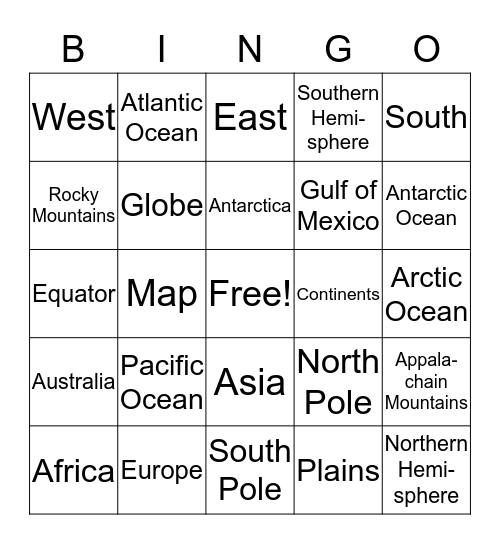 Continents & Oceans Bingo Card