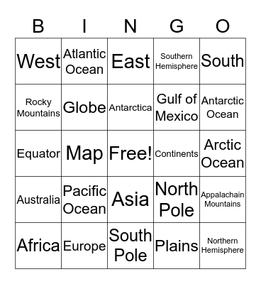 Continents & Oceans Bingo Card