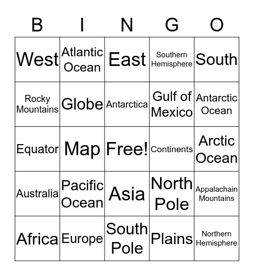 Continents & Oceans Bingo Card