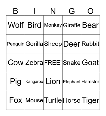 Animals Bingo Card