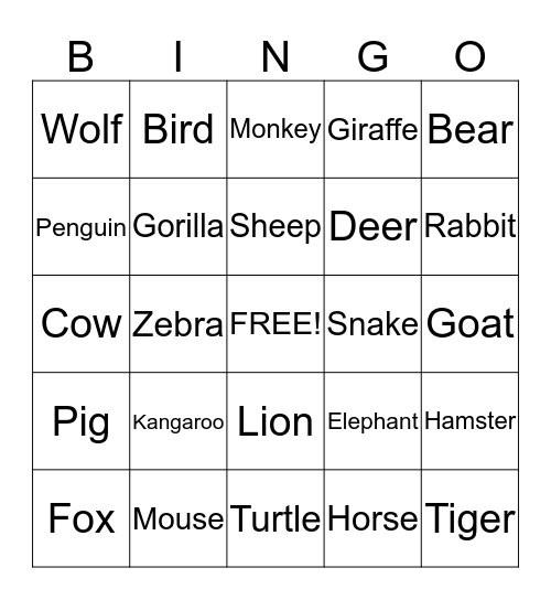 Animals Bingo Card