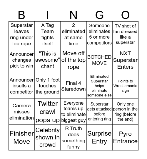 Elder Family Royal Rumble 2020 Bingo Card