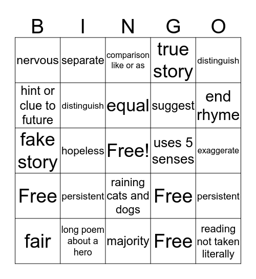 VOCAb and Figuarative Language Bingo Card