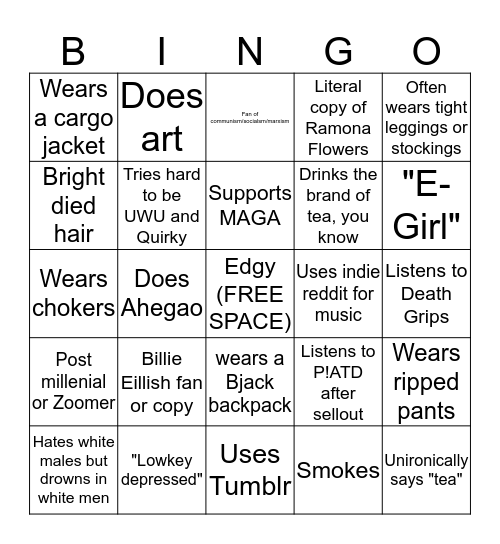 Stereotypical Aozoomer Bingo (You're Not Unique or Quirky) Bingo Card