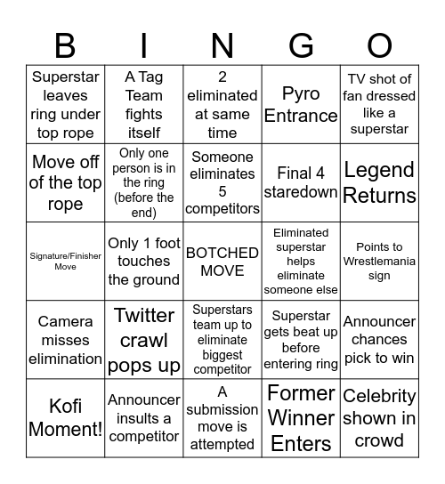 Elder Family 2020 Men's Royal Rumble BINGO Card