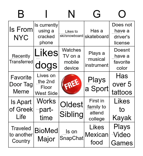 Human Scavenger Hunt Bingo Card