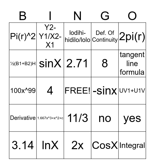 Calculus Bingo Card