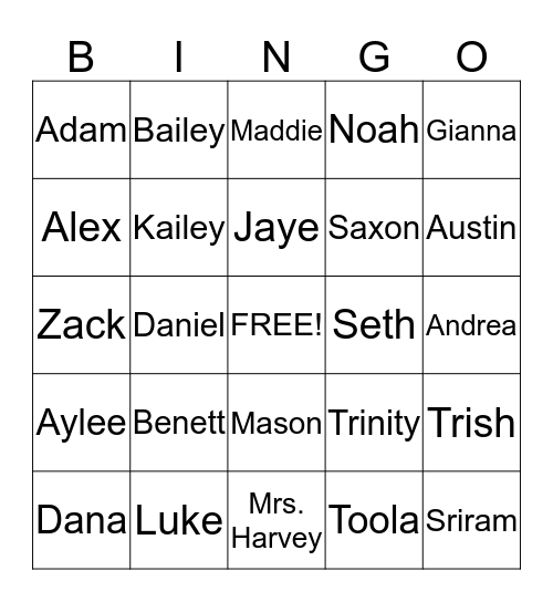 Room 8 Name BINGO Card