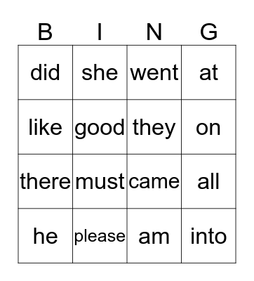 Sight words Bingo Card