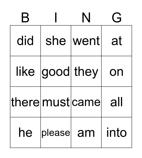 Sight words Bingo Card