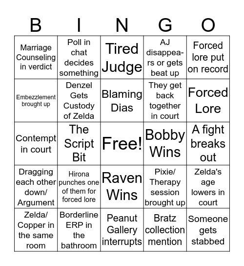 Divorce Court Bingo Card