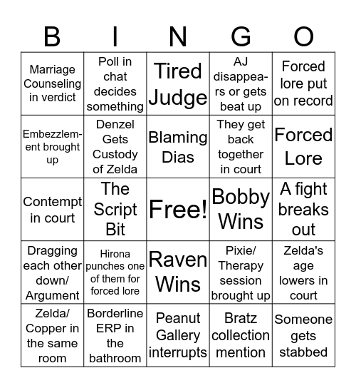 Divorce Court Bingo Card