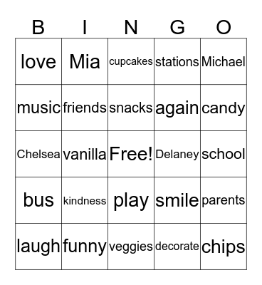 Mia and Luca's Playdate Bingo Card