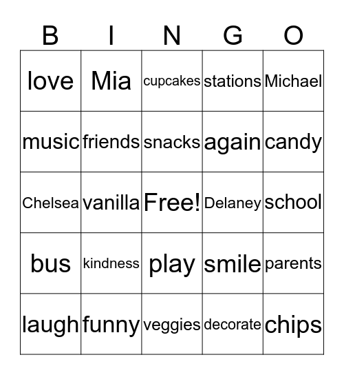 Mia and Luca's Playdate Bingo Card