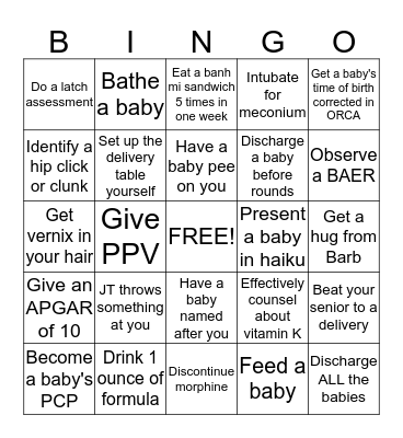 Newborn Nursery Bingo Card
