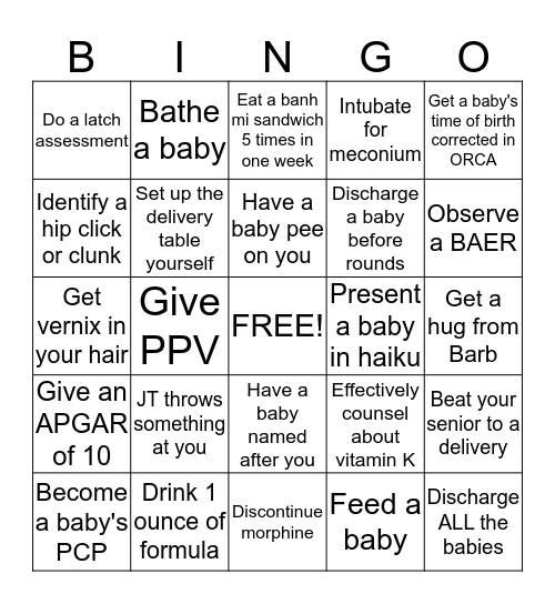 Newborn Nursery Bingo Card