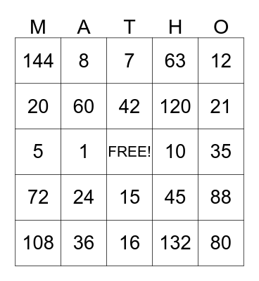 MATHO Multiplication Game Bingo Card